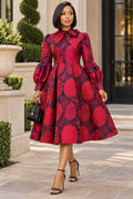 TL0057 ORNATE BROCADE BOW-NECK MIDI DRESS