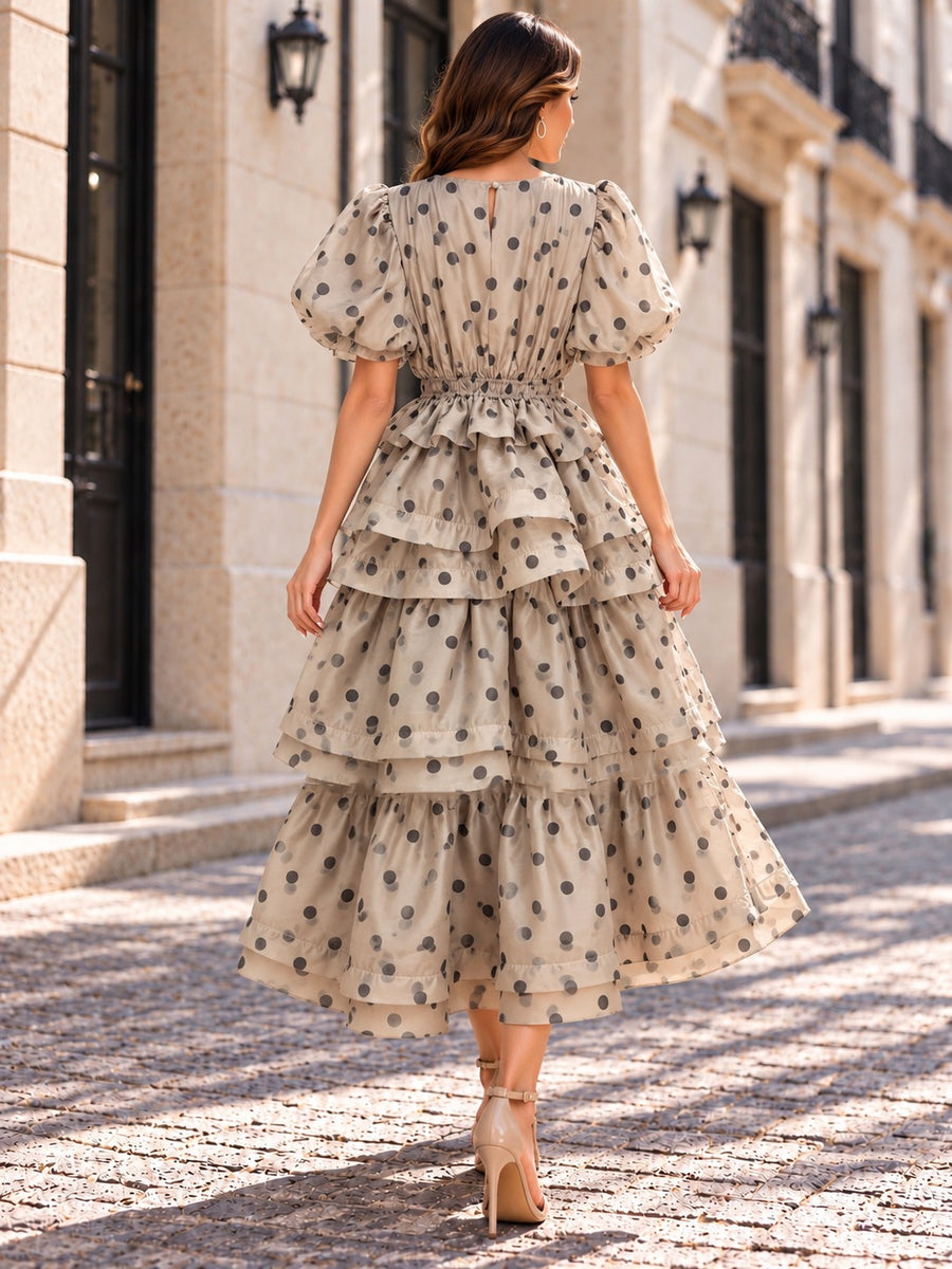 X8085 POLKA DOT RUFFLE TIRED MAXI DRESS