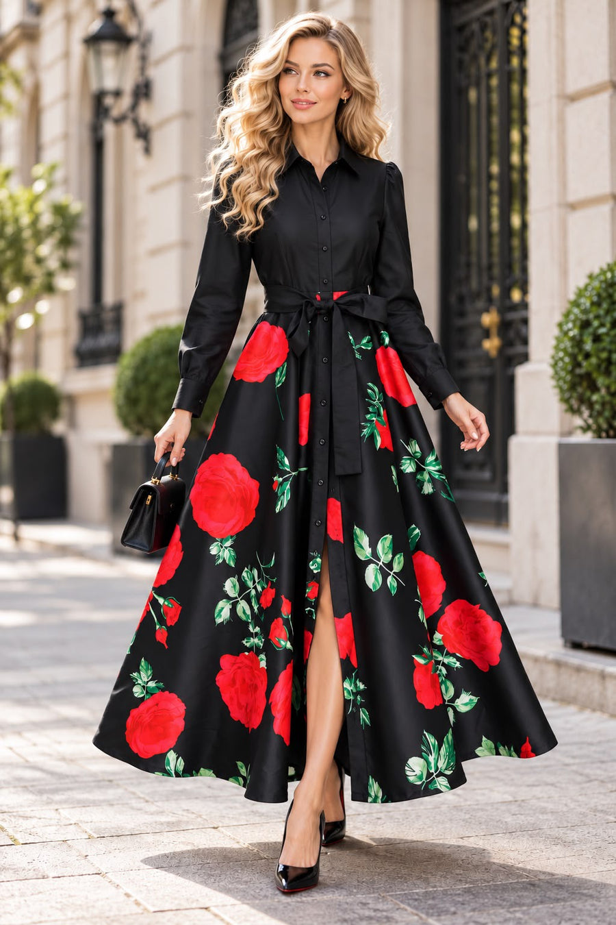GF17978 ROSE PRINT MAXI SHIRT DRESS