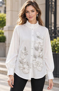 CH927 FLORAL EMBELLISHED RUFFLE NECK BLOUSE