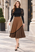 F1019 PLEATED HOUNDSTOOTH KNIT MIDI SKIRT (BLK, KHK)