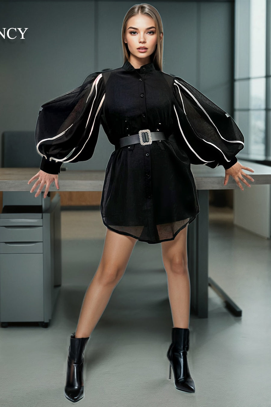 W5086 BUTTON DOWN CHIFFON MINI SHIRT DRESS (BLK, WHITE) N by Nancy W5086 BUTTON DOWN CHIFFON MINI SHIRT DRESS (BLK, WHITE) N by Nancy