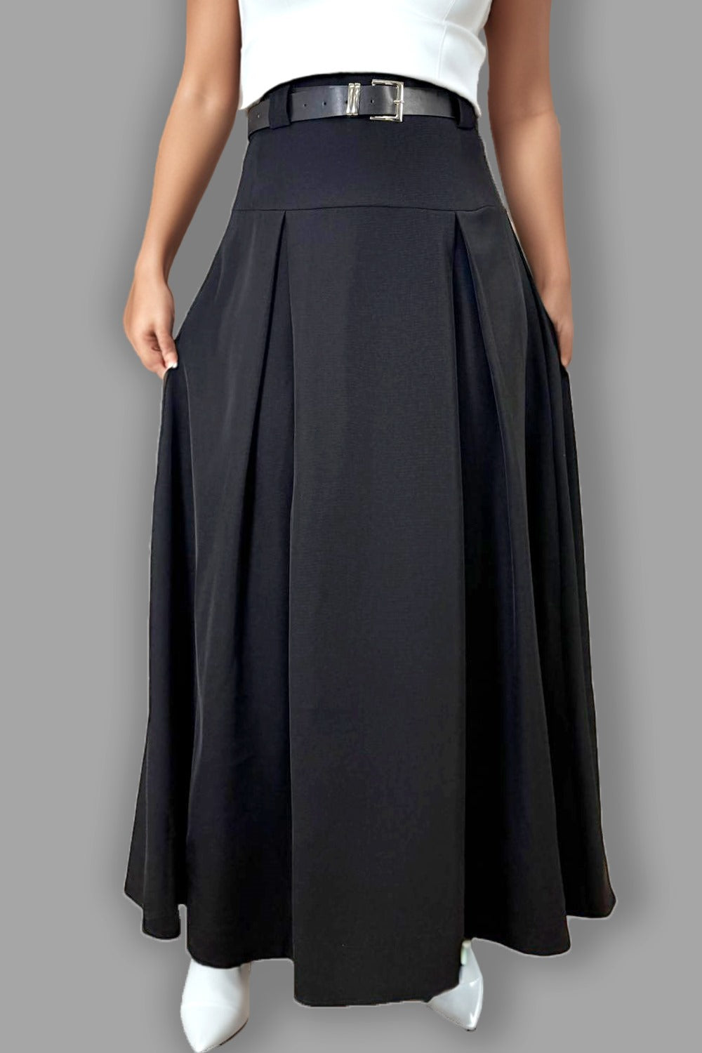 T2569 BLACK MAXI PLEATED SKIRT – N by Nancy