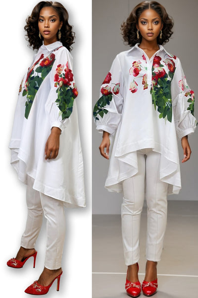 S2311 GATHERED SLEEVE HI-LO TOP (WHT, BLUE)
