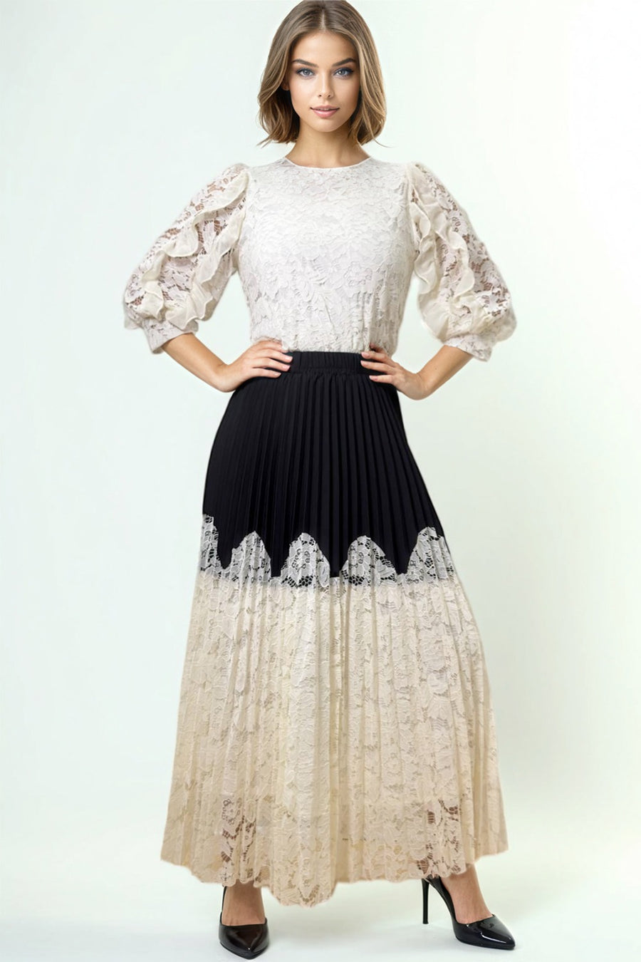 X7801 PLEATED LACE SKIRT (BLK/IVORY, IVORY, BLK) N by Nancy X7801 PLEATED LACE SKIRT (BLK/IVORY, IVORY, BLK) N by Nancy
