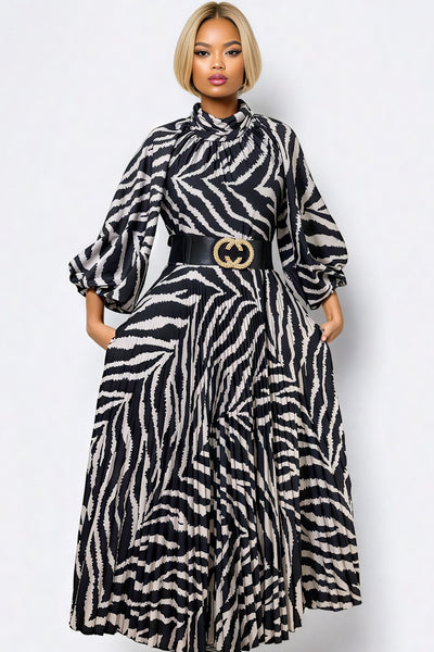 X7856 ZEBRA PRINT PLEATED DRESS (YELLOW, BEIGE)