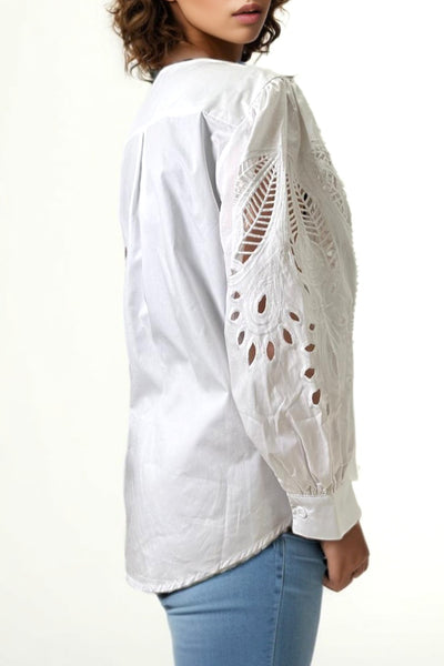 S25062 EYELET SLEEVE TOP(WHT, BLUE)