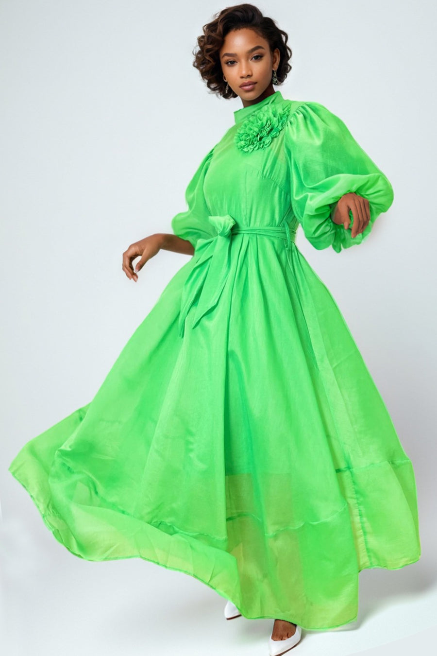 green satin puff sleeve dress Green Satin Long Prom Dress with Strawberry Decal, Lovely Puff Sleeve