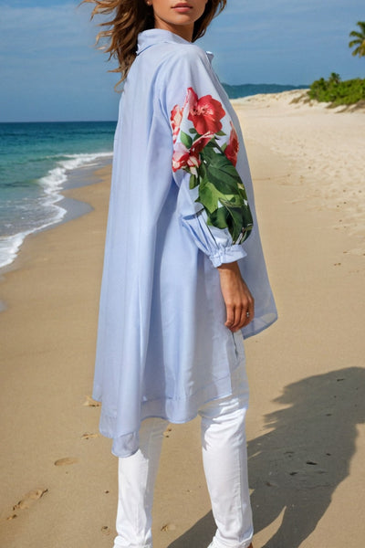 S2311 GATHERED SLEEVE HI-LO TOP (WHT, BLUE)