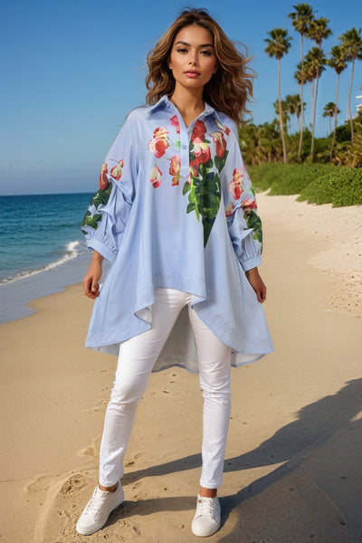 S2311 GATHERED SLEEVE HI-LO TOP (WHT, BLUE)