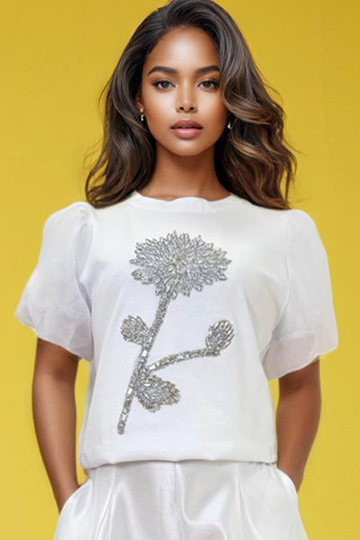 S30201 PUFF SLEEVE RHINESTONE TOP (BLK,WHT)