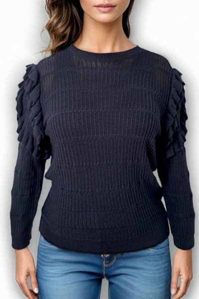 LS62062 RUFFLE SHOULDER SWEATER (PINK, BLUE, BLK)