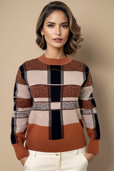 LS61079 PLAID CREW NECK SWEATER (RUST, GREY)