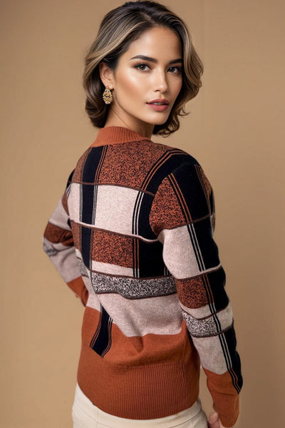 LS61079 PLAID CREW NECK SWEATER (RUST, GREY)