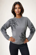 JS0019 EMBROIDERY LINE ART SWEATER (GREY, CREAM)