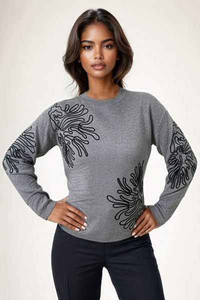 JS0019 EMBROIDERY LINE ART SWEATER (GREY, CREAM)