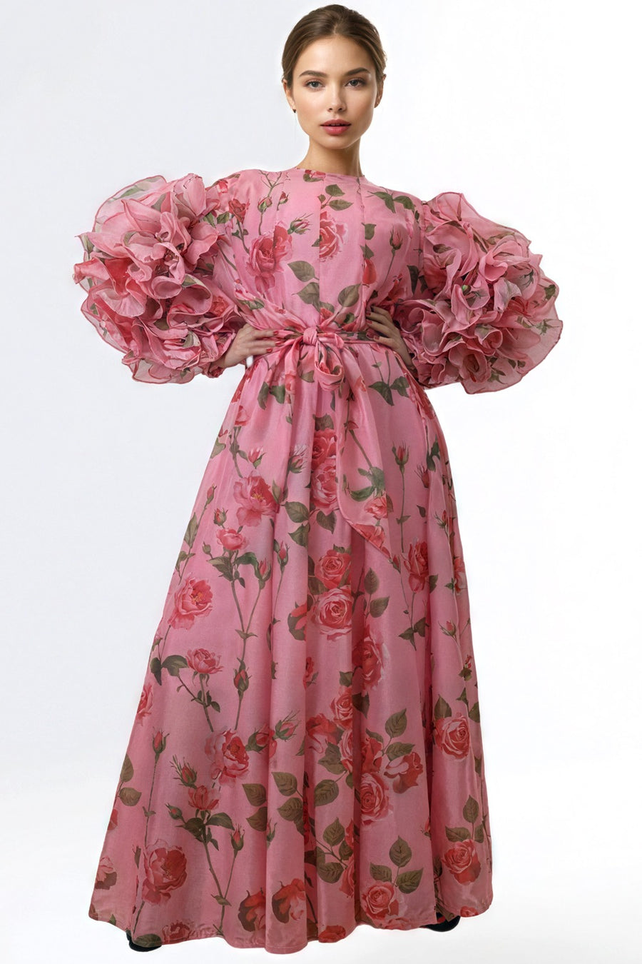 X7686 FLORAL RUFFLE SLEEVE DRESS (PINK, GRN) – N by Nancy