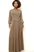 NY0027 PLEATED V-NECK DRESS (KHAKI, BLK)