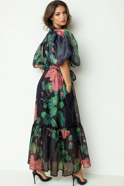 GF1213 STAND COLLAR PUFF SLEEVE DRESS