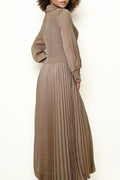NY0027 PLEATED V-NECK DRESS (KHAKI, BLK)