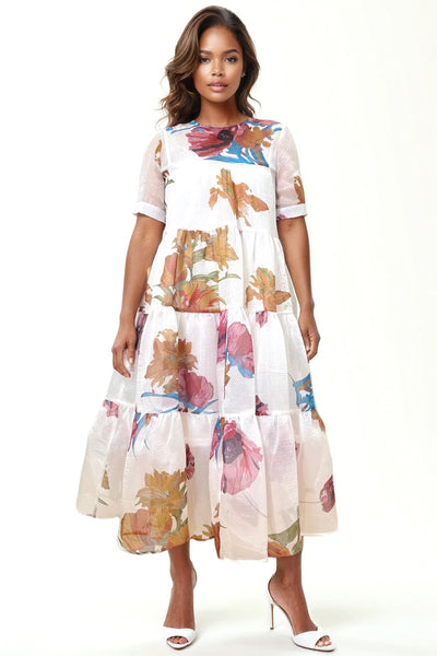 T2579 TIERED RUFFLE SHEER MIDI DRESS