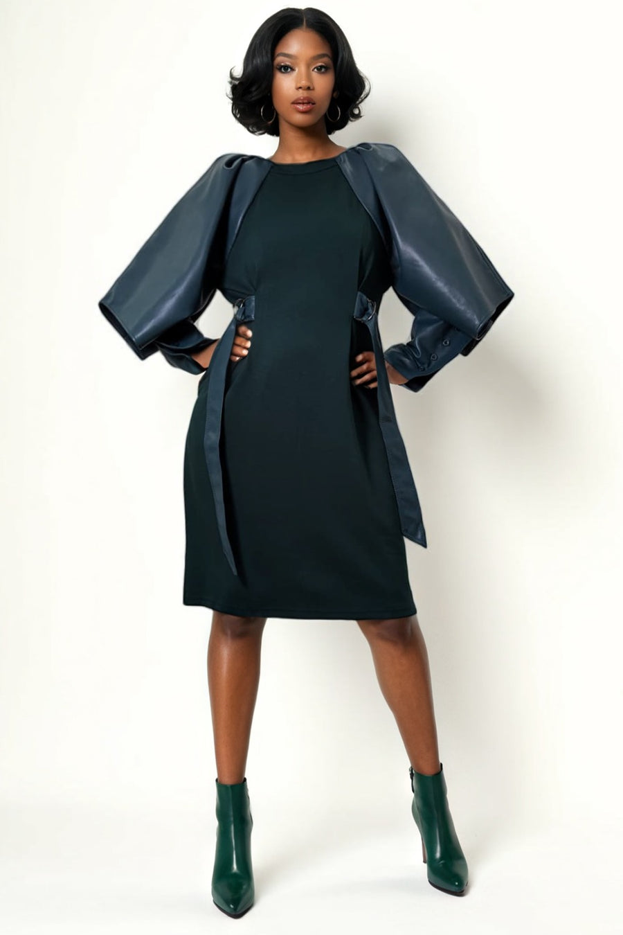 leather bell sleeve dress Khaki Bell Sleeves Mini Leather Dress for Women XS