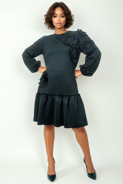 X7784 RUFFLE FLOWER DRESS (BLK, GRN)