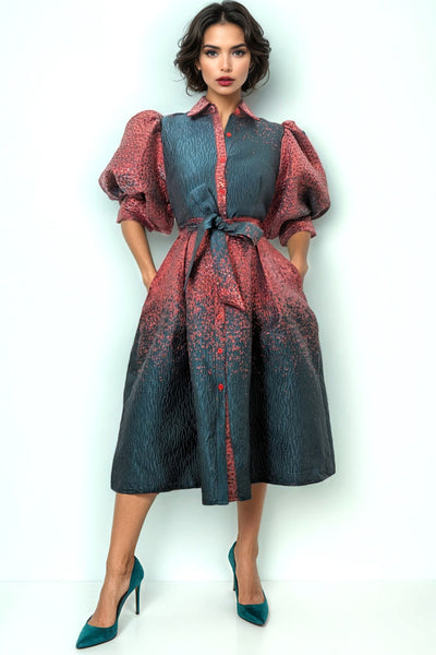 W5968 FESTIVE BROCADE PUFF SLEEVE DRESS