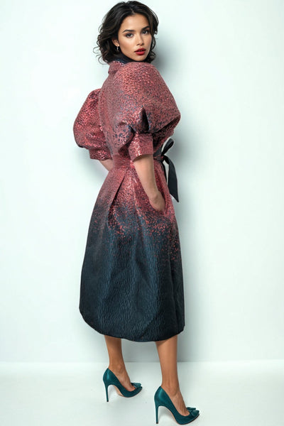 W5968 FESTIVE BROCADE PUFF SLEEVE DRESS