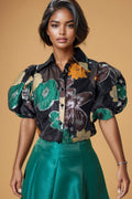 T2581 PUFF SLEEVE FLOWER TOP (BLACK, WHITE)
