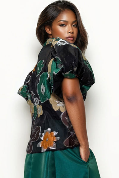 T2581 PUFF SLEEVE FLOWER TOP (BLACK, WHITE)