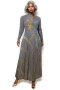N2535 GOLDEN ACCENT PLEATED WRAP DRESS (BLK, GREY)