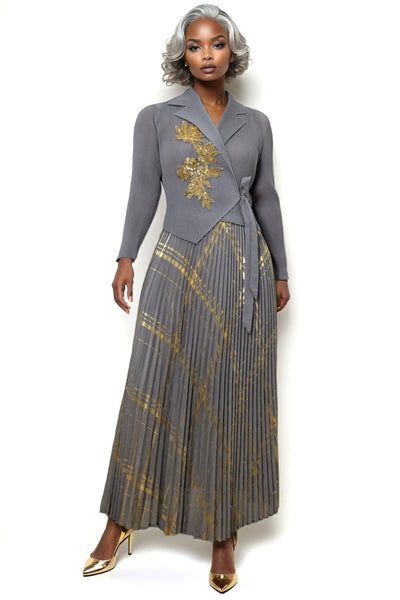 N2535 GOLDEN ACCENT PLEATED WRAP DRESS (BLK, GREY)