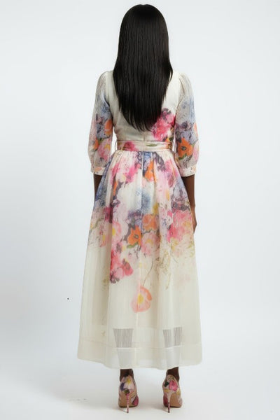 X2502 FLORAL PIPING SHEER MAXI DRESS