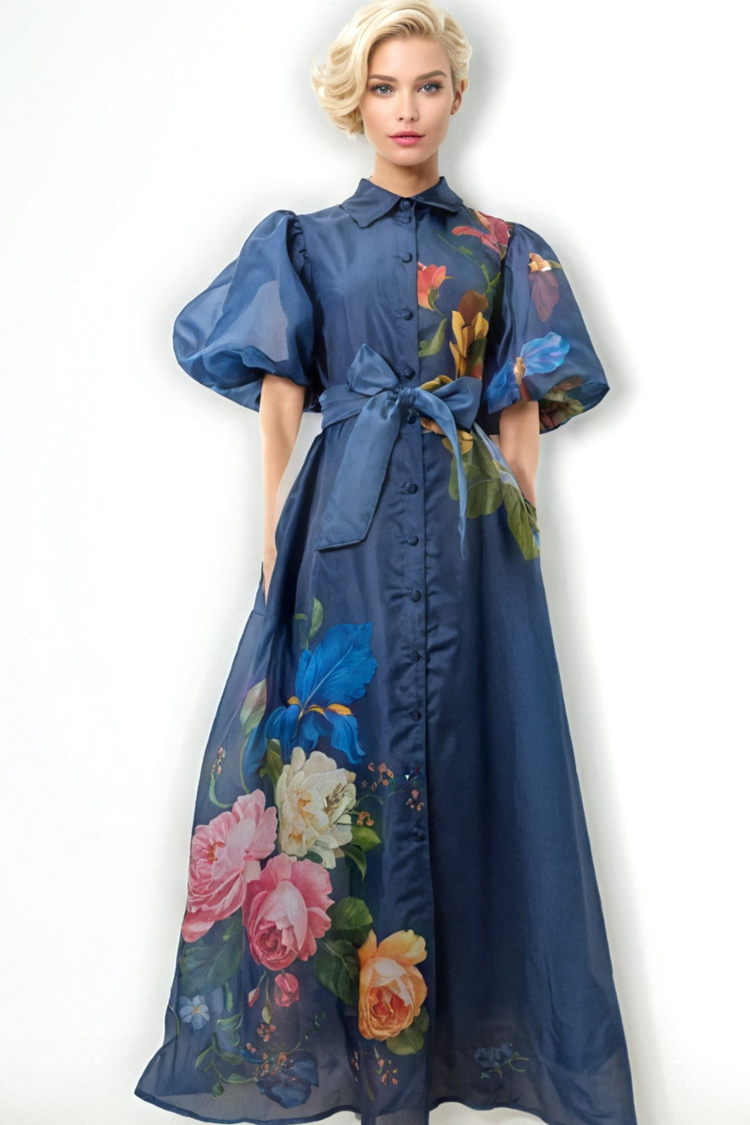 A95012 SHEER FLORAL BUTTON DOWN DRESS (WHT, BLUE) – N by Nancy