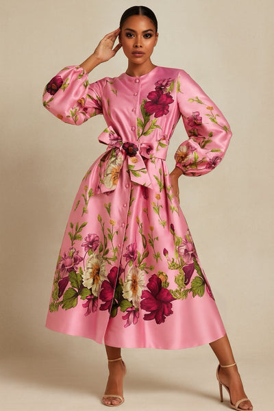 A95116 FLORAL PUFF SLEEVE DRESS (BLK, NAVY, PINK)