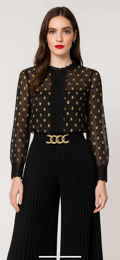 B1501 GOLD PRINT LACE SHEER TOP