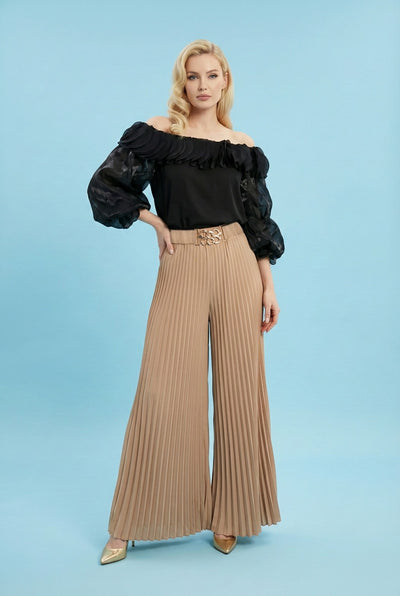 NY0031 PALAZZO PLEATED PANTS (BLK, TAN)