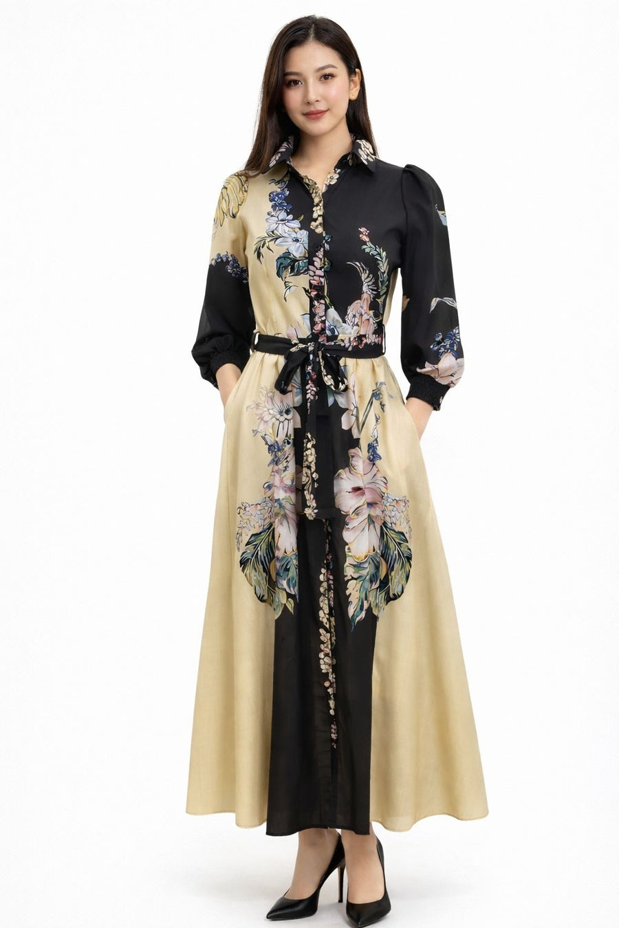 S3106 FLORALCONTRAST ALINE DRESS (BLK, WHT)