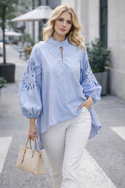 S25062 EYELET SLEEVE HIGH-LOW TOP (WHT, BLUE)