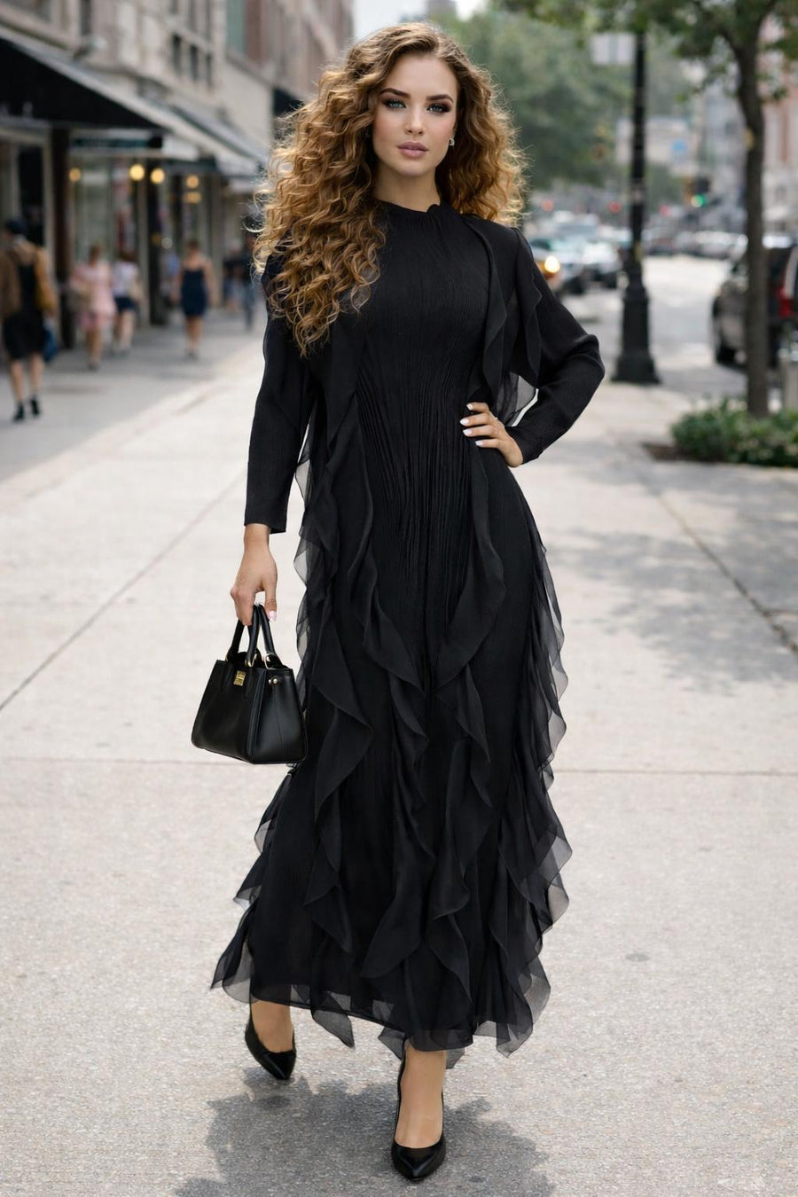 N1040 MOCK NECK CRINKLED DRESS (BLUE, BLK)