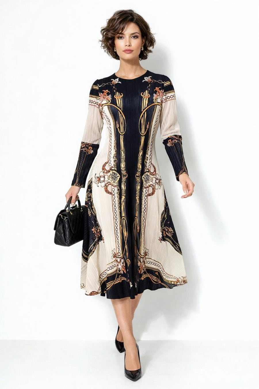 N24146 CHAIN PRINT CRINKLED DRESS