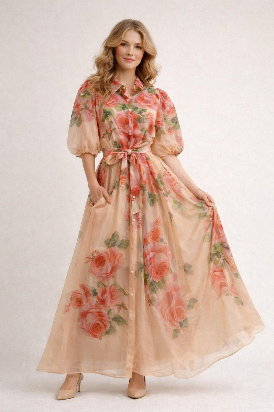A95012 SOFT FLORAL ORGANZA MAXI DRESS