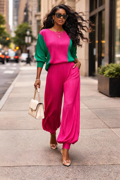 X7398 2 TONE CRINKLED PANT SET