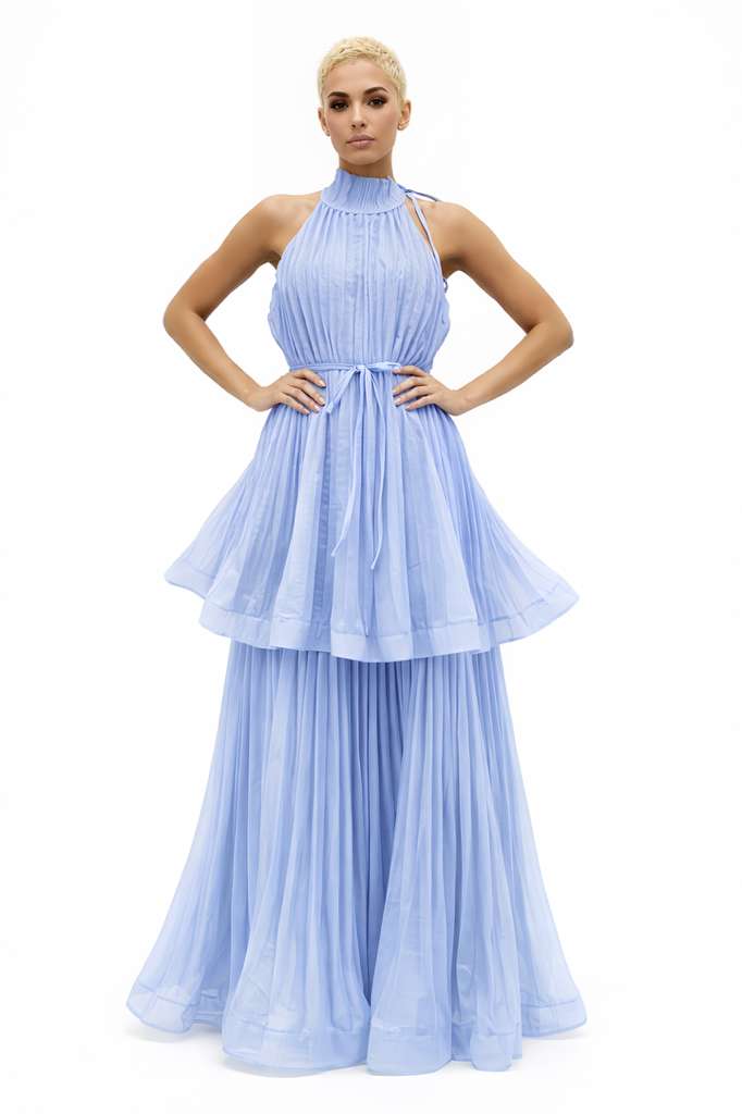 GF1623 PLEATED TIERED HALTER MAXI DRESS (RED, YEL, BLU, WHT)