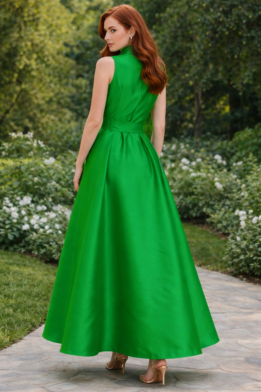 TL0002 SLEEVELESS MIKADO A-LINE BELTED DRESS (GRN, WHT)