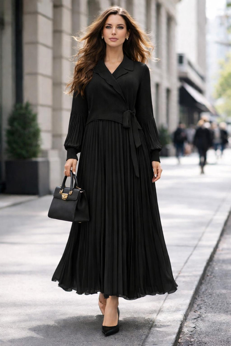 NY0027 PLEATED V-NECK DRESS (KHAKI, BLK)