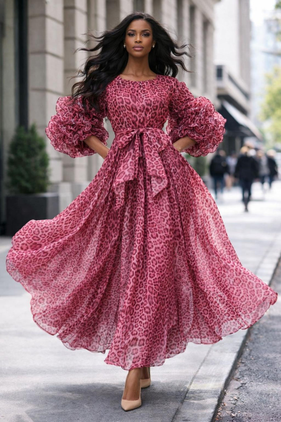 X7868 RUFFLE PUFF SLEEVE MAXI DRESS