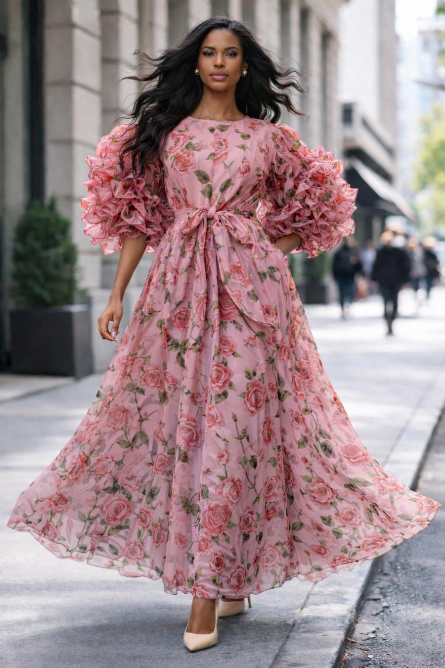 X7686 FLORAL RUFFLE SLEEVE DRESS (PINK, GRN)