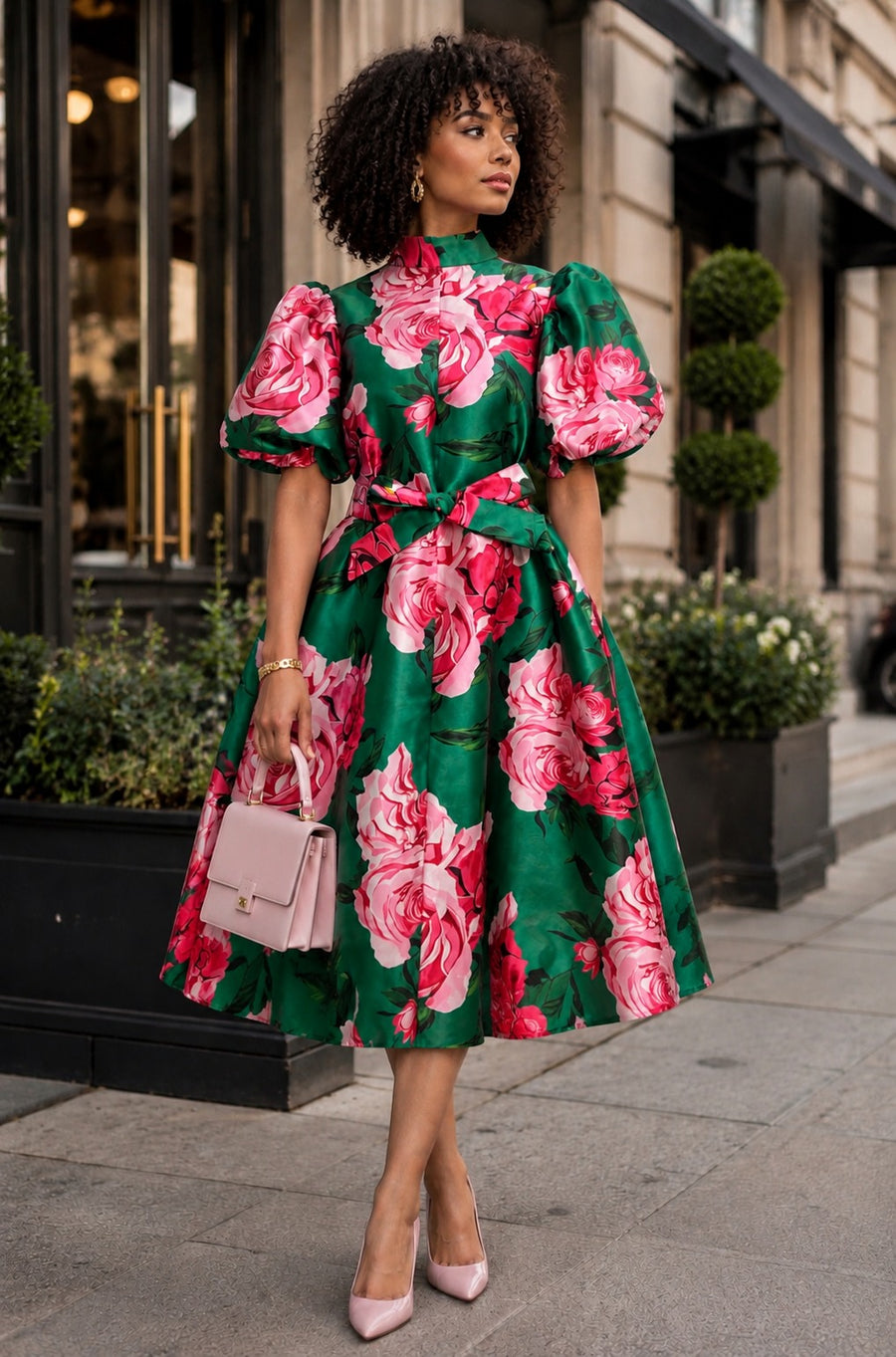 T26001 FLORAL PUFF-SLEEVE BELTED MIKADO MIDI DRESS